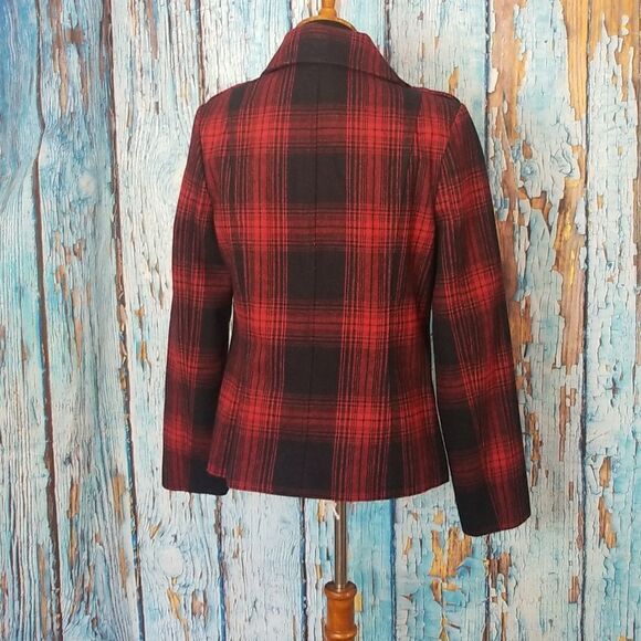 𝅺OLD Navy Wool Pea Coat Red and Navy Plaid - Picture 7 of 12